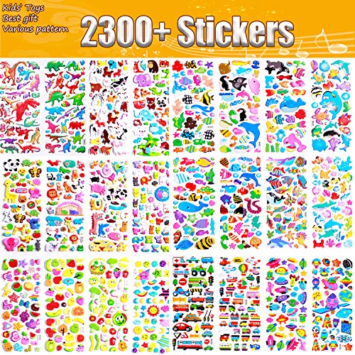Puffy Stickers for Kids，Novelty 64 Different Sheets Kids & Toddlers Mega Variety Pack - Over 2300 3D Puffy Stickers for Kids - Including Animals ,Cars , Dinosaur, Fruits and More!