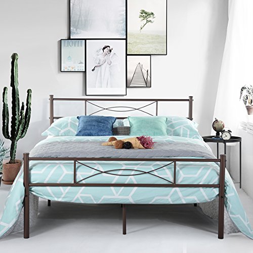 Simlife Full Bed Frame with Two Headboards Metal Platform Bed Box Spring Replacement Under Bed Storage Black