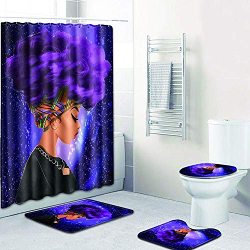 Zehui African Women Printing Toilet Pad Cover Bath Mat Shower Curtain Set Four-Piece Set Fzn0016