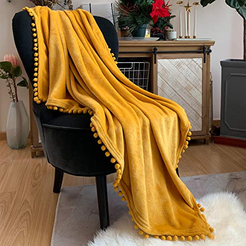 Book Cover LOMAO Flannel Blanket with Pompom Fringe Lightweight Cozy Bed Blanket Soft Throw Blanket fit Couch Sofa Suitable for All Season (51x63) (Mustard Yellow)