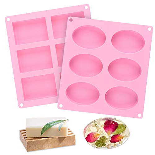 2 Pcs SJ Silicone Soap Molds, Rectangle & Oval, 6-Cavity Silicone Molds for Pudding, Muffin, Loaf, Brownie, Cornbread, and Cheesecake, Loaf Soap Molds, Nonstick & BPA free (Pink)
