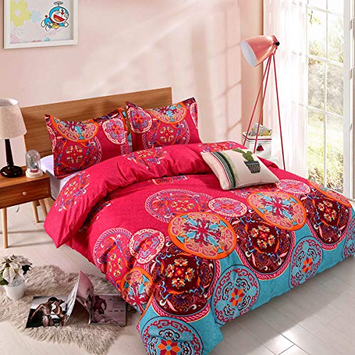 Book Cover YMY Lightweight Microfiber Duvet Cover Set, Bohemian Exotic Floral Bedding Set (Bright Pink, Queen)