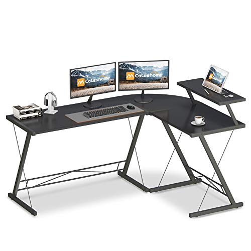 Book Cover L Shaped Desk Home Office Desk with Round Corner.Coleshome Computer Desk with Large Monitor Stand,PC Table Workstation, Black