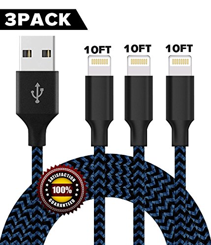 BULESK Phone Cable 3Pack 10FT Nylon Braided Phone Charger Cord Compatible with Phone Xs/XS Max/XR/X/Phone 8 8 Plus 7 7 Plus 6s 6s Plus 6 6 Plus Pad Pod Nano - Black Blue