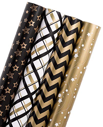 WRAPAHOLIC Wrapping Paper Roll - Black Gold Design for Birthday, Holiday, Baby Shower - 4 Rolls - 30 inch X 120 inch Per Roll