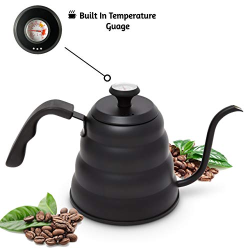 Pour Over Coffee Kettle - Black Gooseneck Pour Over Coffee Dripper and Tea Pot With Thermometer, Stovetop Travel Kettle For Coffee Pour Over - 40 Ounce