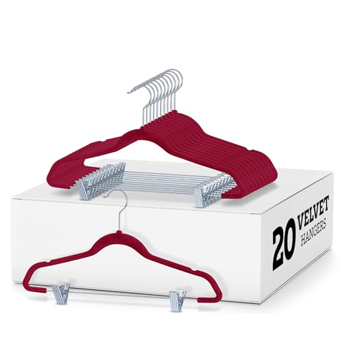 Zober Velvet Hangers with Clips - 20 Piece Set for Pants, Skirts, Suits, Dresses & Shirts - Notched Burgundy Velvet, Non Slip Felt, 360 Degree Hook