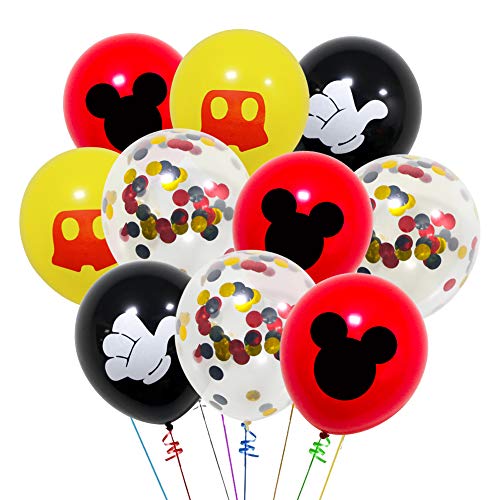 Book Cover 40 Pack Mouse Balloons, 12 Inch Latex Balloons Red Black Yellow Color Confetti Balloons Decorations Kit for Birthday Party Baby Shower Mouse Theme Party Supplies