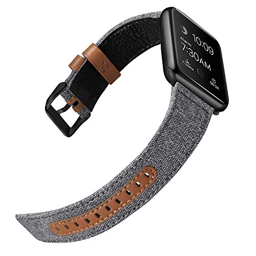 Book Cover iHillon Bands Compatible with Apple Watch 42mm/44mm Series 5 Series 4 Straps, Classic Canvas Fabric Genuine Leather Wristbands Black Buckle Compatible with iWatch Series 3/2/1, Women Men, Grey