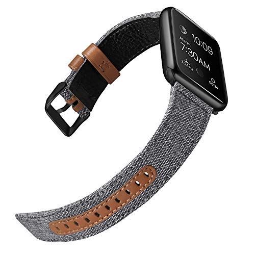 iHillon Bands Compatible with Apple Watch 42mm/44mm Series 5 Series 4 Straps, Classic Canvas Fabric Genuine Leather Wristbands Black Buckle Compatible with iWatch Series 3/2/1, Women Men, Grey