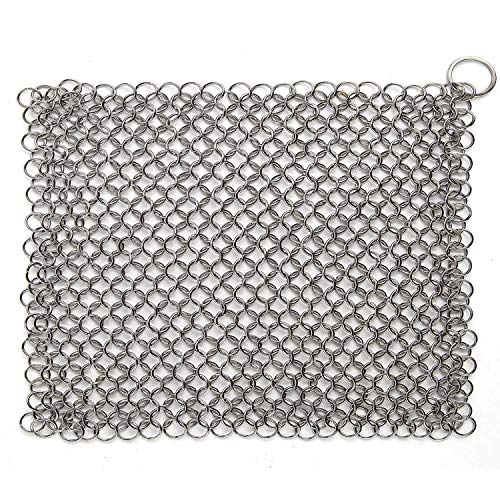 Chainmail Scrubber 8x6 inch Stainless Steel Cast Iron Cleaner, Durable Anti-Rust Scrubber for Pots, Skillets, Griddle Pans, BBQ Grills and More, with Hanging Ring.