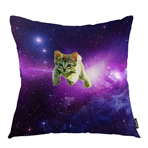 Book Cover oFloral Cat Throw Pillow Covers Galaxy Sky Purple Space Brown Kitten Kitty Animal Decorative Square Pillow Case 18