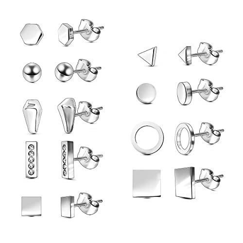 Achieer 16pairs/Set Simple Vintage Geometric Crystal Stud Earrings Set Charm Trendy Gold/Silver Stainless Steel Punk Earrings Women Causal Jewelry Accessories Gift (A-Silver)