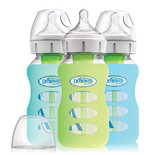 Dr. Brown's Options+ Wide-Neck Glass Baby Bottles in Silicone Sleeve, Mint/Green/Blue, 9 Ounce, 3 Count