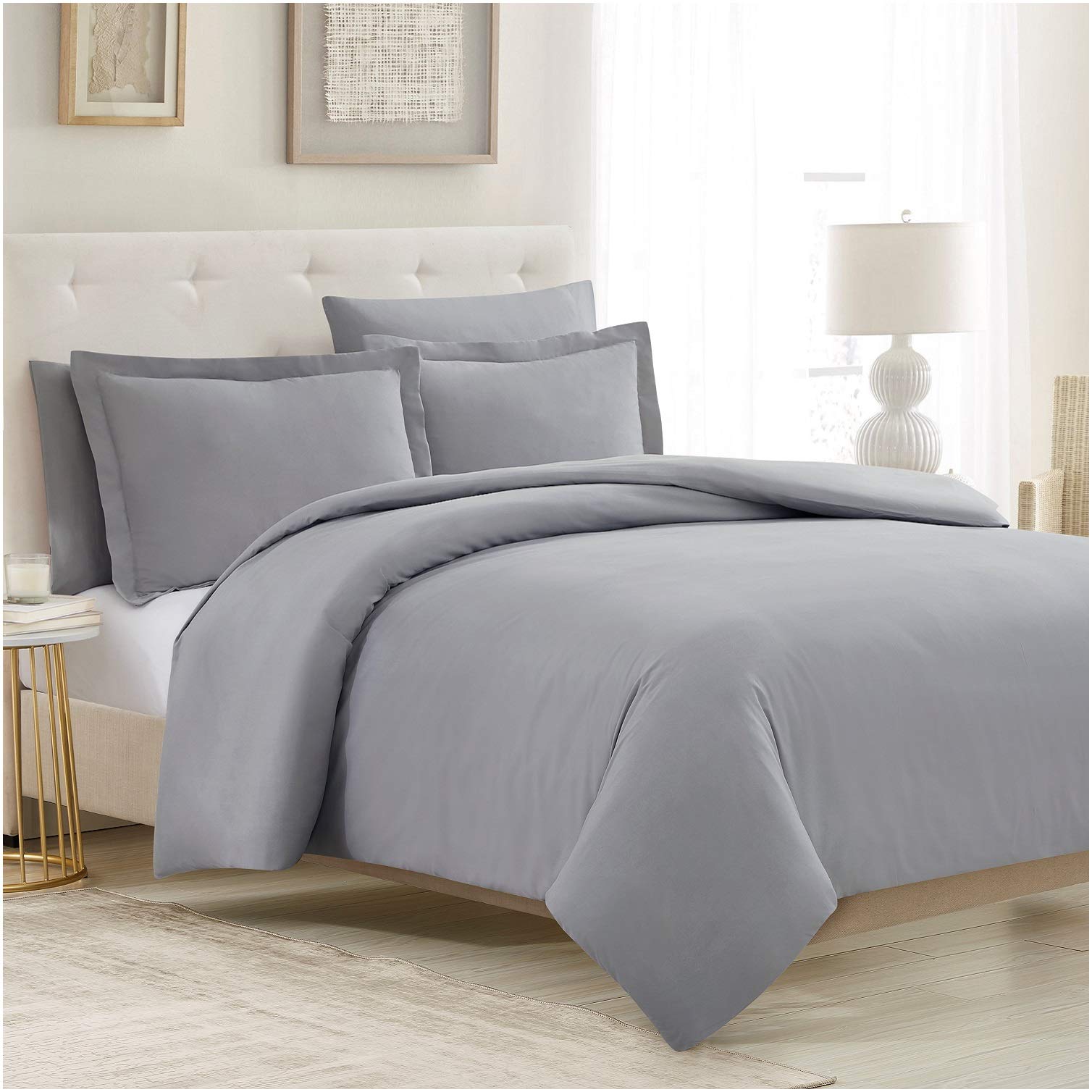Book Cover Mellanni Duvet Cover Queen Size Set - 5 PC Iconic Collection Bedding Set - Luxury, Extra & Cooling - 1 Comforter Cover, 2 Shams, 2 Pillow Cases - Button Closure and Corner Ties (Queen, Light Gray) Queen Light Gray