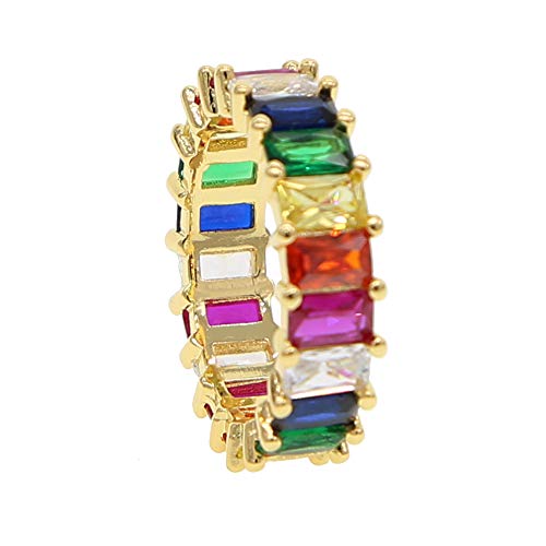 ATJMLADYJEWELRY Gold Filled Fashion Jewelry Rainbow Square Baguette Cz Engagement Ring for Women Colorful Cubic Zirconia Cz Eternity Band Ring