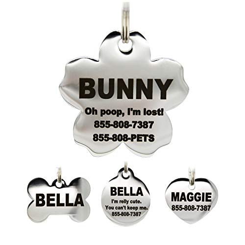 Stainless Steel Pet ID Tags - Engraved Personalized Dog Tags, Cat Tags Front & Back up to 8 Lines of Text – Bone, Round, Heart, Flower, Badge, House, Star, Rectangle, Bow Tie