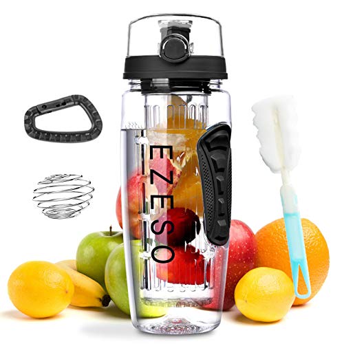 Fruit Infuser Bottle - 32 OZ BPA-Free Sports Bottle - Removable Infusion Rod, Leak Proof Flip Top Lid, Time Marked Fruit Infuser Water Bottle Ideal for Office and Home
