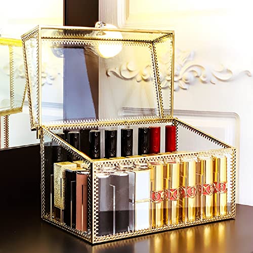 Lipstick Holder Dust Free Glass Transparent Lip Gloss Eye Liner Fit Long Lip Liner Vanity Cabinet Makeup Organizer with Removable Dividers 24spaces (Gold)