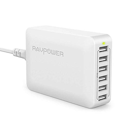 RAVPower USB Charger 60W 12A 6-Port Desktop USB Charging Station with iSmart Multiple Port, Compatible iPhone Xs Max XR X 8 7 Plus, iPad Pro Air Mini, Galaxy S9 S8 S7 Edge, Tablet and More (White)