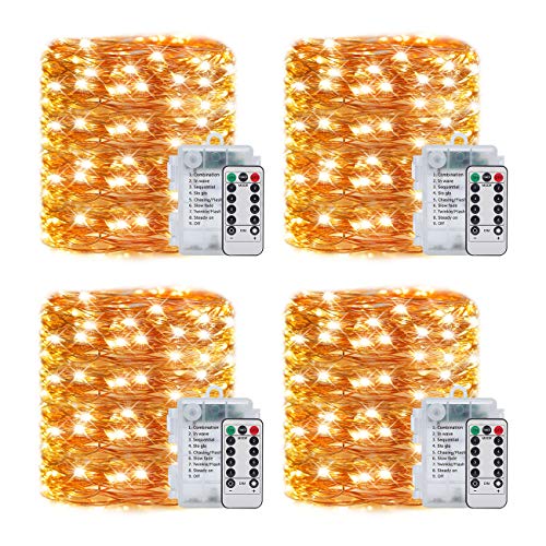 LEDIKON 4 Pack 33Ft 100 Led Fairy Lights Battery Operated with 8 Modes Remote and Timer,Waterproof Copper Mini String Lights Firefly Twinkle Lights for Outdoor Wedding Chirstmas,Warm White