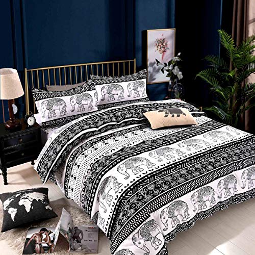 YMY Lightweight Microfiber Duvet Cover Set, Bohemian Exotic Elephant Bedding Set (Elephant, Queen)