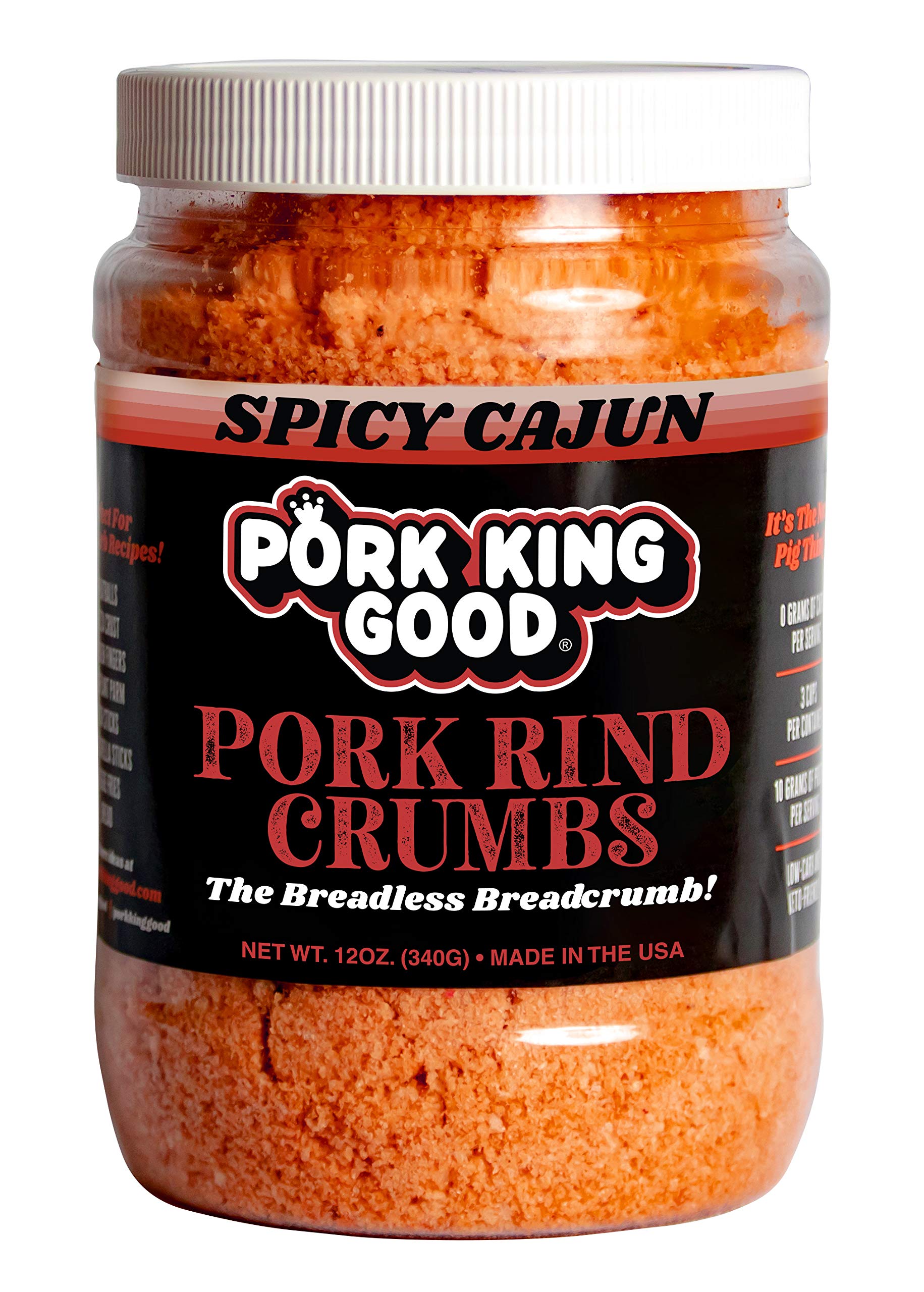 Book Cover Pork King Good Spicy Cajun Low Carb Keto Diet Pork Rind Breadcrumbs!Perfect For Ketogenic, Paleo, Gluten-Free, Sugar Free and Bariatric Diets (Original) (Cajun, 12 Oz Jar) Cajun 12 Ounce (Pack of 1)