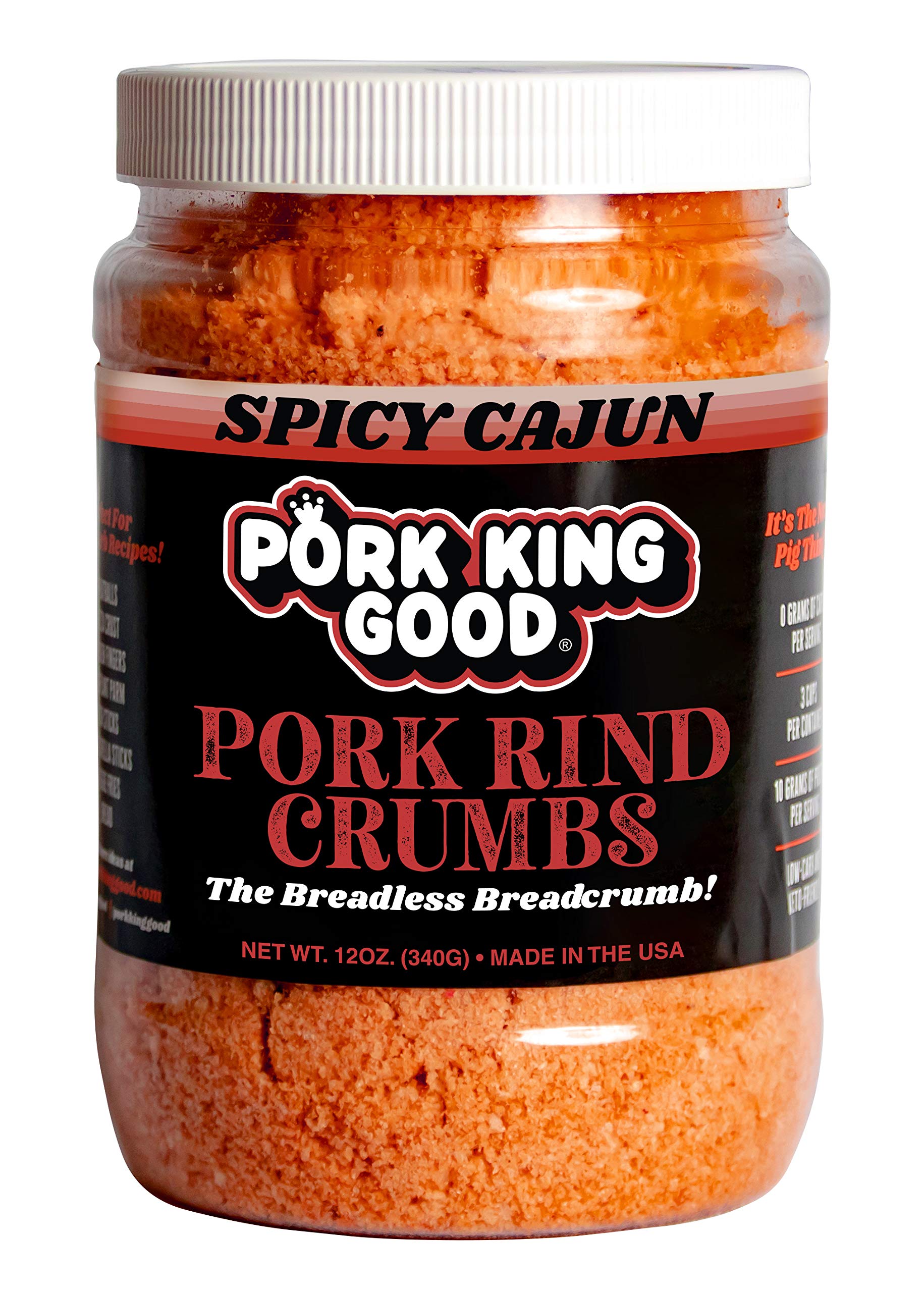 Pork King Good Spicy Cajun Low Carb Keto Diet Pork Rind Breadcrumbs!Perfect For Ketogenic, Paleo, Gluten-Free, Sugar Free and Bariatric Diets (Original) (Cajun, 12 Oz Jar) Cajun 12 Ounce (Pack of 1)