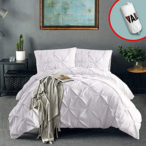 Book Cover Vailge 3 Piece Pinch Pleated Duvet Cover with Zipper Closure, 100% 120gsm Microfiber Pintuck Duvet Cover, Luxurious & Hypoallergenic Pintuck Decorative (White,Twin)