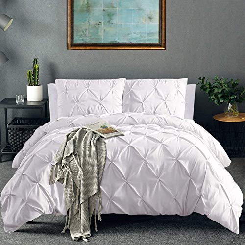 Vailge 3 Piece Pinch Pleated Duvet Cover with Zipper Closure, 100% 120gsm Microfiber Pintuck Duvet Cover, Luxurious & Hypoallergenic Pintuck Decorative (White,Twin)