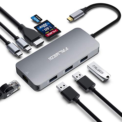 Book Cover USB C Hub, Type C Adapter, Falwedi 9 in 1 Dongle with Ethernet, 4K@30Hz HDMI, USB-C PD 3.0, USB-C Data Port, 3 USB-A 3.0, SD/TF Card Reader, Compatible for MacBook Air Pro and Other Type C Laptops