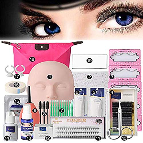 19pcs Eyelash Extension Kits，Professional Mannequin Head Training Eyelashes Extensions Practice Cosmetology Esthetician Supplies with Eye Lashes Glue Tweezers Tools sets for Makeup Practice Eye Lashes