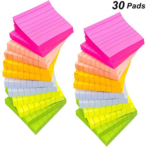 Book Cover 30 Pads/Packs Lined Sticky Notes, 6 Bright Color Self-Stick Notes Pads with Lines, 3 x 3 inch, 80 Sheets/Pad, Neon Paper & Assorted Colors, Easy Post Notes for Study, Works, Office