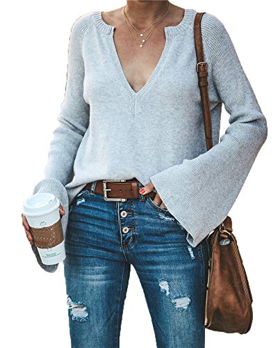 Book Cover HZSONNE Women's Casual Crew Deep V Neck Kimono Bell Sleeve Loose Fit Solid Pullover Sweater Knitted Jumper Tops Knitwear