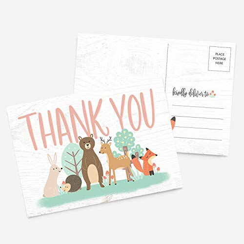 50 4x6 Girl or Boy Woodland Baby Shower Thank You Note Card Bulk Set, Blank Cute Animals Gender Neutral Baby Shower Postcards, Blank Thank You Note Card Stationery