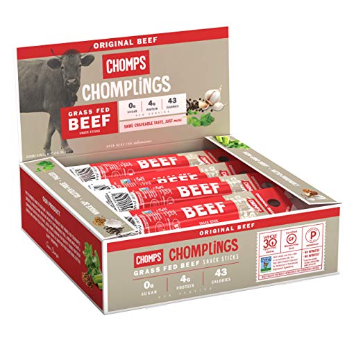 Book Cover CHOMPS MINI Grass Fed Beef Jerky Meat Snack Sticks | Keto Certified, Whole30 Approved, Paleo, Low Carb, High Protein, Gluten Free, Sugar Free, Non-GMO | 43 Calorie 0.5 Oz Sticks, Original Beef 24 Pack