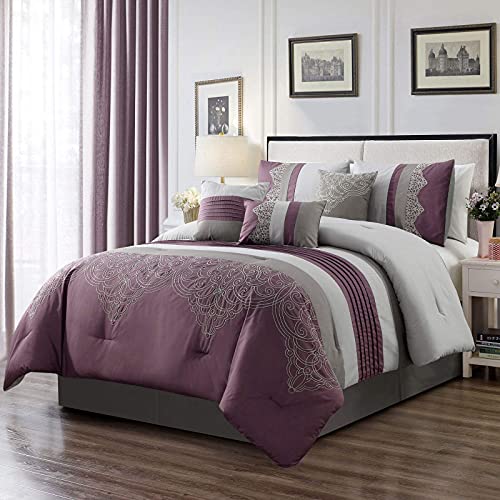 Chloe 7-Piece Purple Gray Geometric Embroidery Pleated Striped Comforter Set, Queen