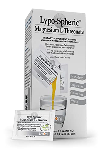 Lypo–Spheric Magnesium L–Threonate – 30 Packets – 1,000 mg Magnesium Per Packet – Liposome Encapsulated for Improved Absorption – Professionally Formulated & 100% Non–GMO
