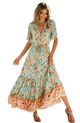 R.Vivimos Womens Summer Cotton Short Sleeve V Neck Floral Print Casual Bohemian Midi Dresses
