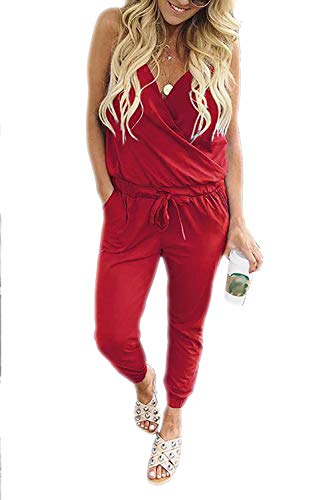 Book Cover QEESMEI Women's Jumpsuits Rompers V Neck Spaghetti Strap Drawstring Elastic Waisted Long Pants Jumpsuits