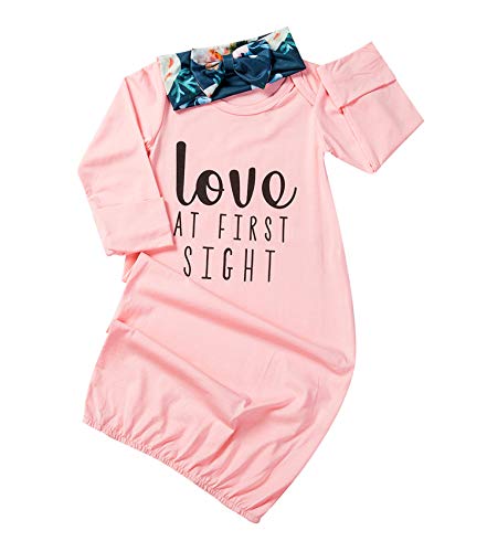 Newborn Baby Girl Love at First Sigth Floral Nightgowns Headband Sleepwear Sleeping Bag - Pink - 0-6 Months