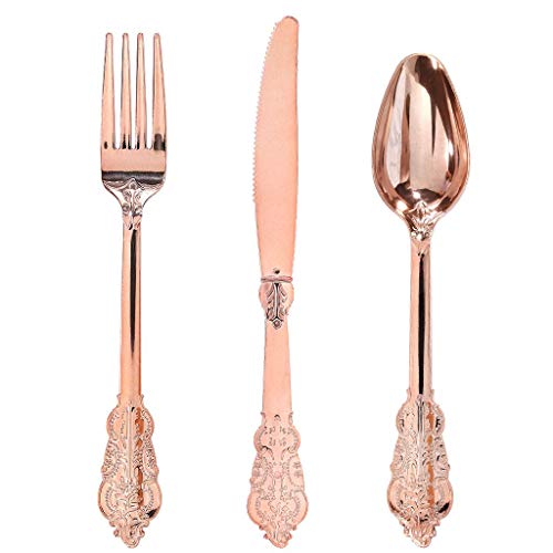Book Cover WDF-300 Pieces Rose Gold Plastic Silverware- Disposable Flatware -Heavyweight Plastic Cutlery- Includes 100 Forks, 100 Spoons, 100 Knives for Wedding& Parties, Mother's Day
