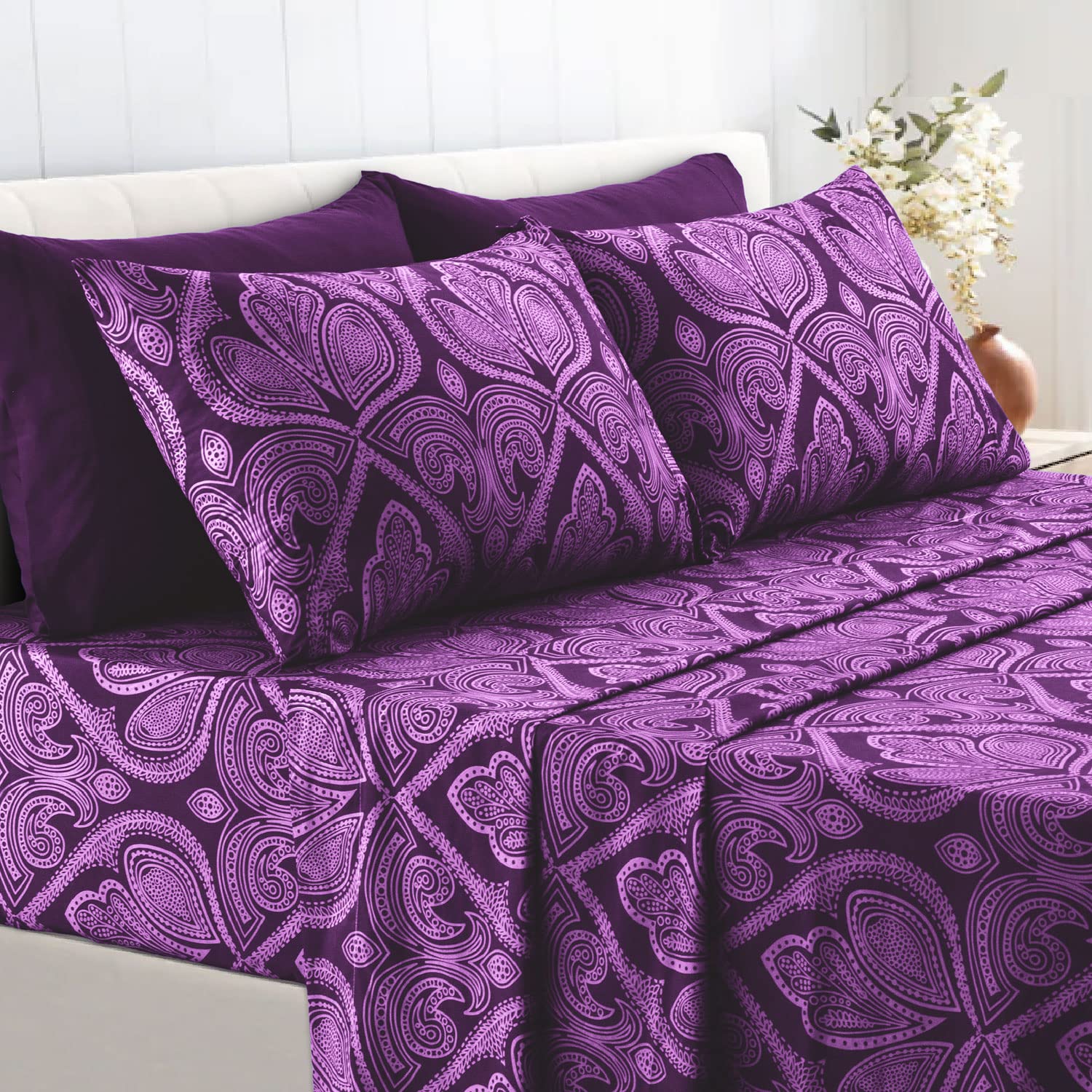 Lux Decor Collection Bed Sheets - 6 Pc King Size Sheets - 1800 Thread Count Brushed Microfiber Sheets - 16 Inches Deep Pocket Bedding Sheets & Pillowcases (King, Paisley Purple) Paisley Purple King