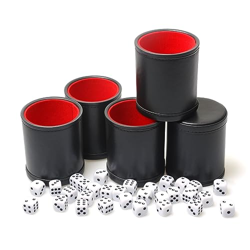 RERIVER 5 Pack PU Leather Dice Cup Set with 6 Dot Dices Felt Lined Quiet Shaker for Yahtzee Bar Party Family Dice Games,Red/Black