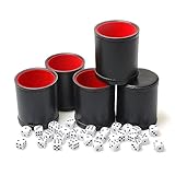RERIVER 5 Pack PU Leather Dice Cup Set with 6 Dot Dices Felt Lined Quiet Shaker for Yahtzee Bar Party Family Dice Games,Red/Black