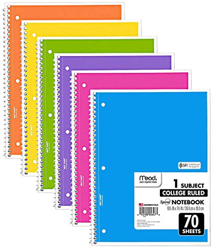 Mead Spiral Notebook, 6 Pack of 1-Subject College Ruled Spiral Bound Notebooks, Cute school Notebooks Pantone Colors, 70 Pages