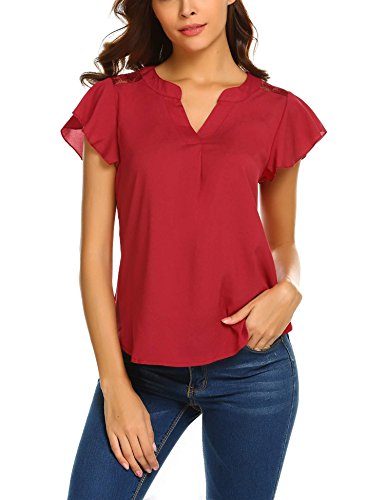 Meaneor Women's Casual V-Neck Tops Blouse Chiffon Ruffle Short Sleeve Lace Shirts