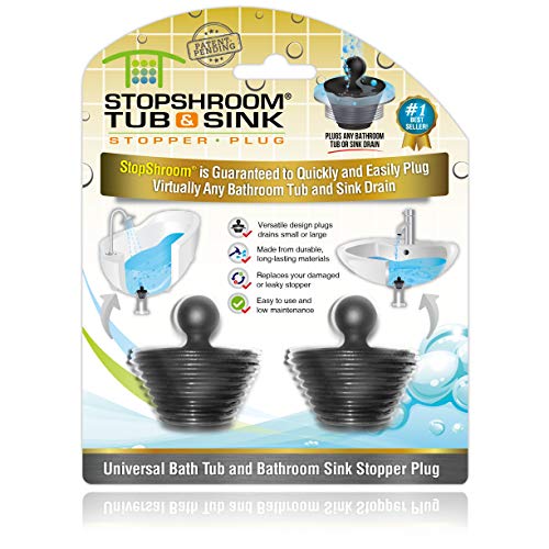 Book Cover StopShroom Tub Plug 2 Pack Universal Stopper for Bathtub and Bathroom Sink Drains (Black), 2pk