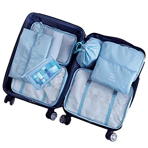 8 Piece Packing Cubes - WantGor 6 Suitcase Organiser Luggage Compression Pouches + 1 Shoes Bag + 1 Toiletry Bag (2#Blue)
