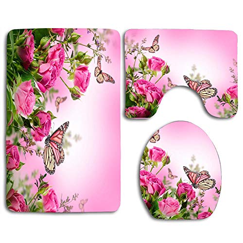 zhurunshangmaoGYS Roses Flowers Pink Butterflies Cute Soft Comfort Bathroom Mats Anti-Skid Absorbent Toilet Seat Cover Bath Mat Lid Cover 3pcs Set